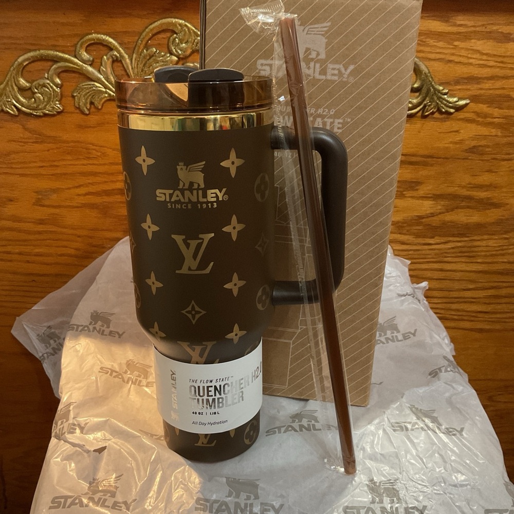 Stanley Brown Tumbler with Straw and Gold Accents